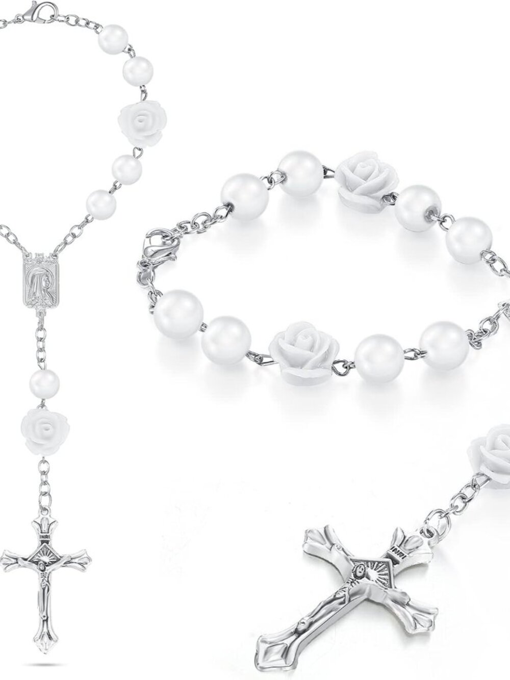 2 Pieces Car Rosary Rearview Mirror Charm Decor, Rosary,White